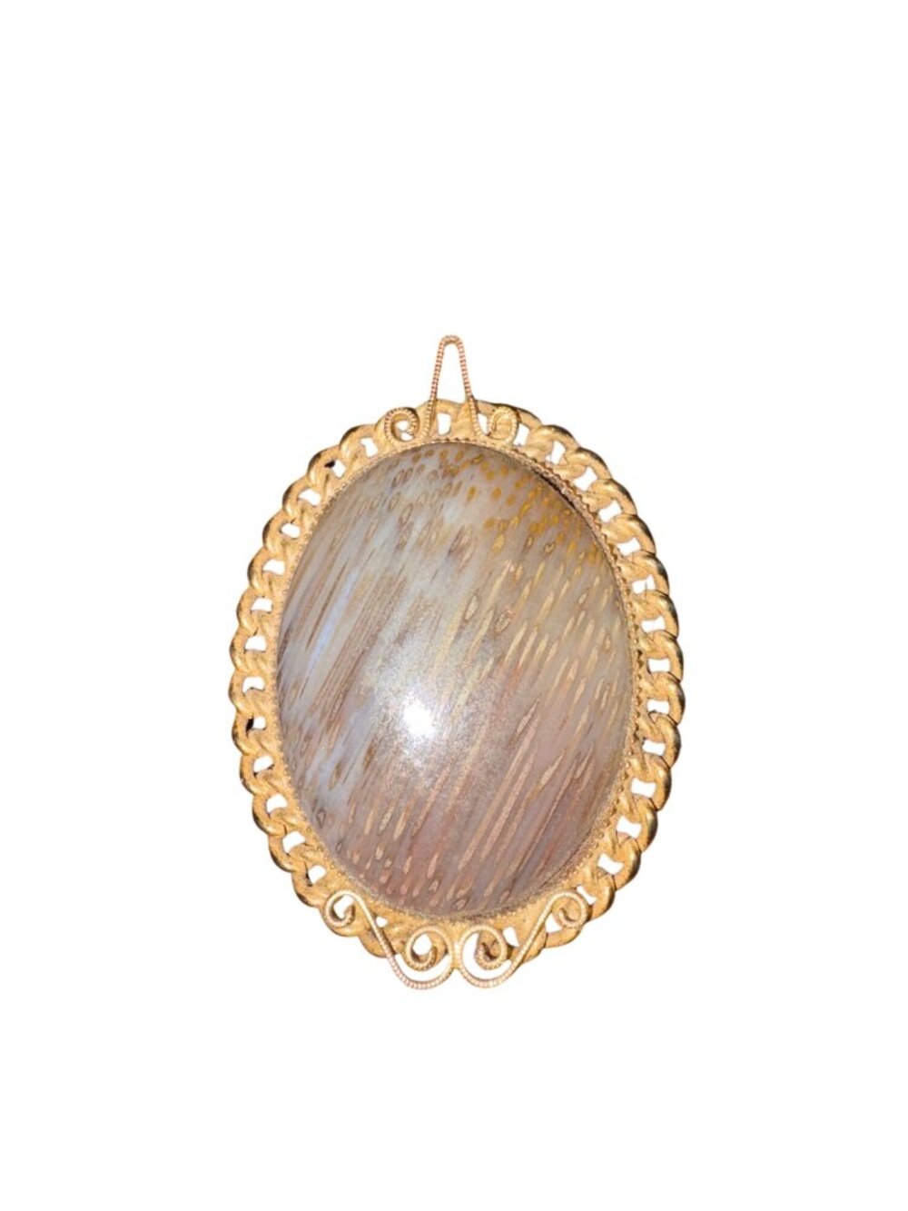 Vintage 18K Heavy Gold Electroplated Petrified Wood, Fossilized Material Brooch